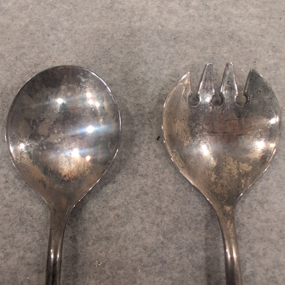 Vintage Silver Plated Salad Serving Set Spoon and Fork Two Piece Tarnish Finish - Picture 2 of 3